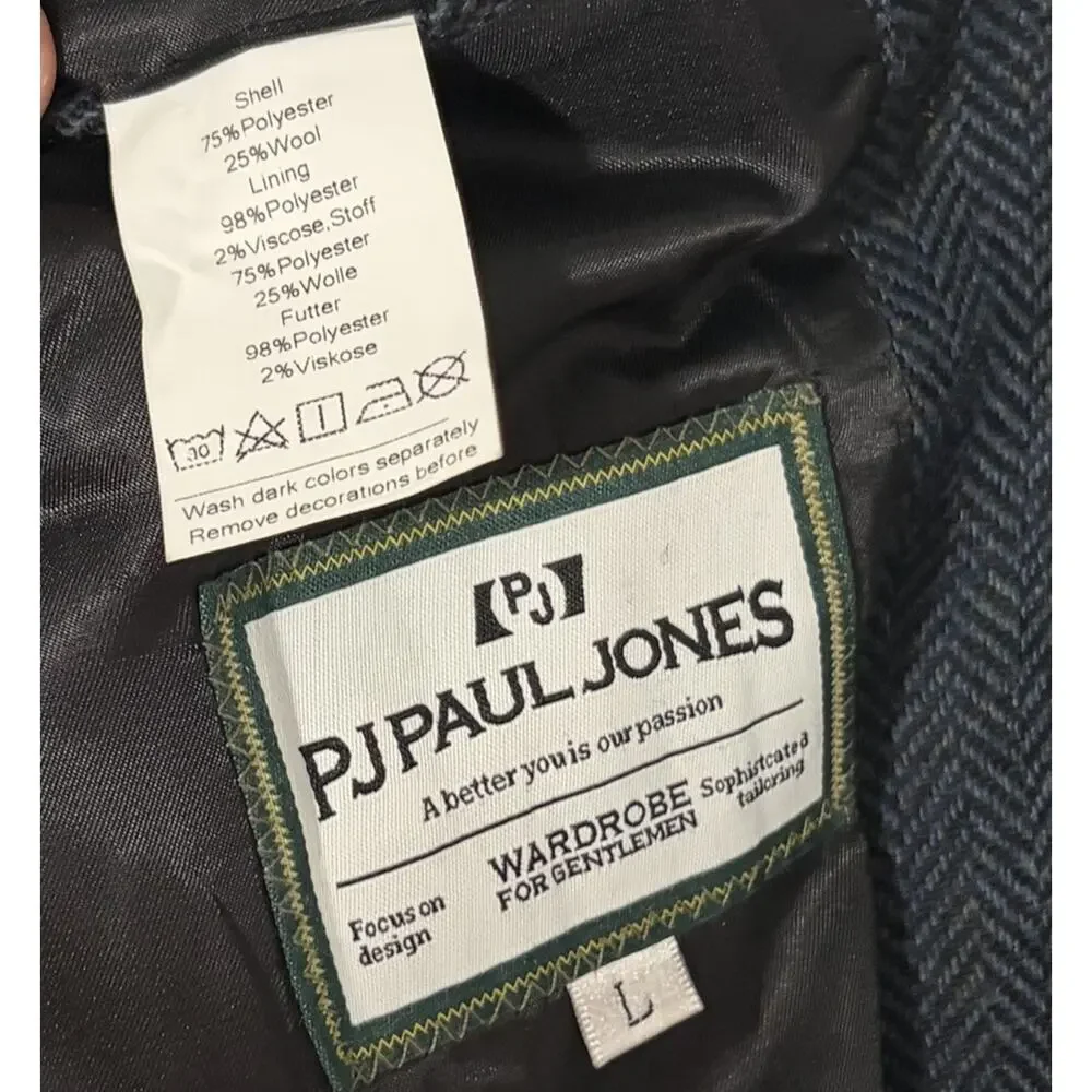 PJ PAUL JONES Mens Herringbone Blazer Vintage Sport Coat Jacket Blue Size Large